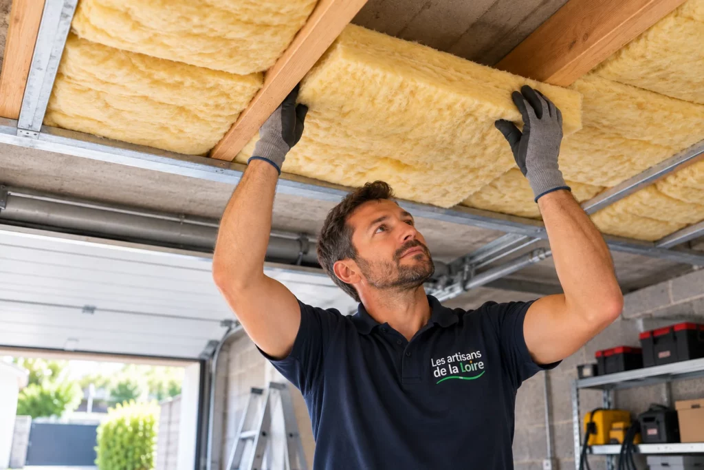 Artisan réalisant l’isolation d’un plancher bas par le plafond d’un garage, avec pose de panneaux isolants entre les solives