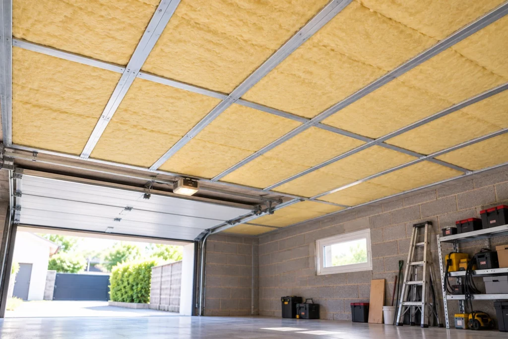 Isolation thermique du plafond d'un garage entièrement terminée, avec panneaux isolants installés sous le plancher bas d'une maison.