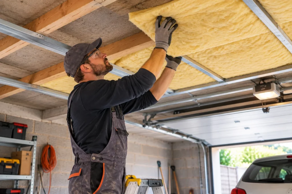 Artisan posant des panneaux isolants au plafond d'un garage pour améliorer l'isolation thermique du plancher bas d'une maison.