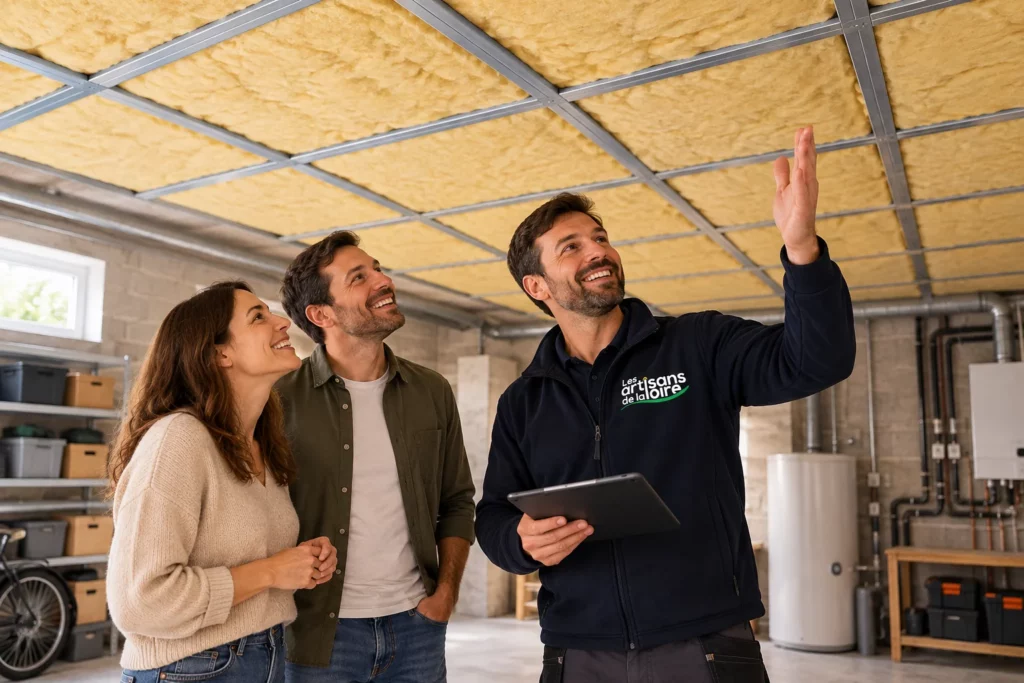 Maître d'œuvre des Artisans de la Loire présentant à des clients satisfaits les travaux d'isolation du plancher bas réalisés au plafond de leur sous-sol non chauffé.