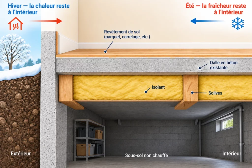 Schéma d'isolation d'un plancher bas au-dessus d'un sous-sol non chauffé, illustrant les différentes couches et l'amélioration du confort thermique en hiver comme en été.
