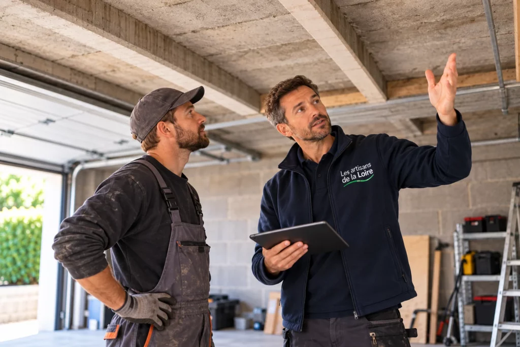 Chef de chantier des Artisans de la Loire échangeant avec un ouvrier avant les travaux d'isolation du plancher bas dans un garage non chauffé.