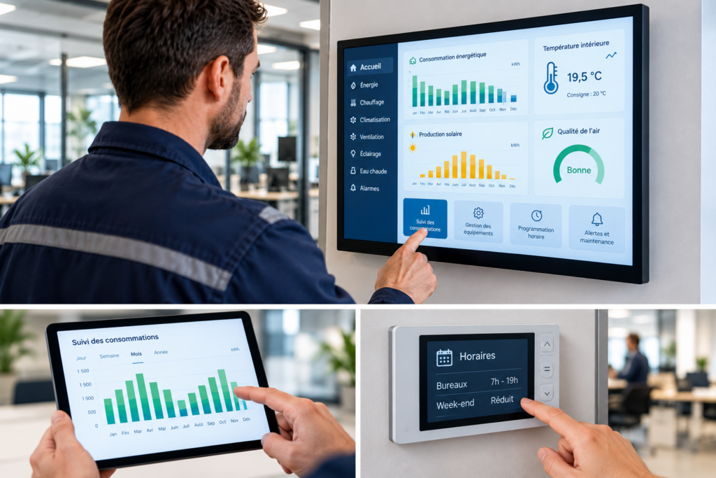 Technicien utilisant un système de gestion technique du bâtiment tertiaire, avec suivi des consommations énergétiques, programmation des équipements et ventilation.