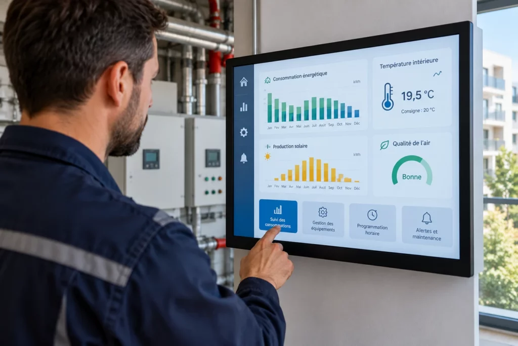 Technicien consultant un tableau de bord numérique pour contrôler les équipements techniques et suivre les consommations énergétiques d’un immeuble collectif.