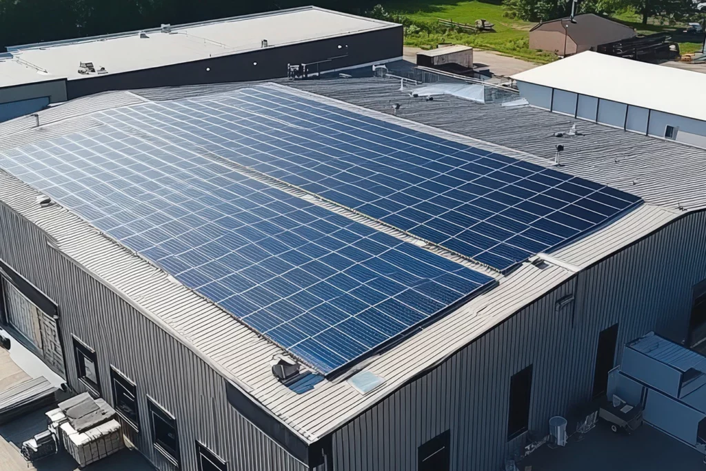 Panneaux photovoltaïques installés sur la toiture d’un bâtiment professionnel