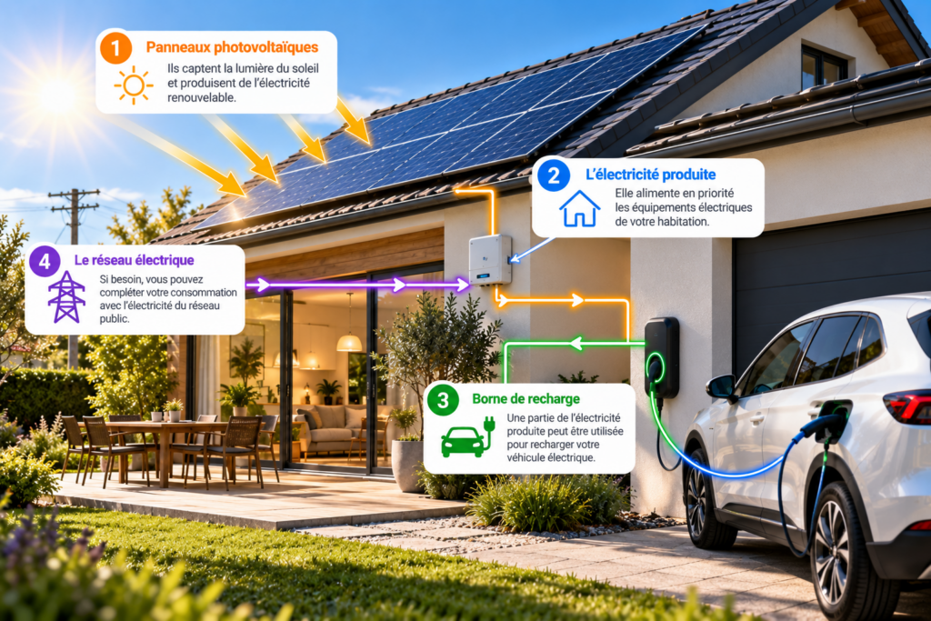 Schéma illustrant la production d’électricité par des panneaux photovoltaïques, son utilisation dans la maison et la recharge d’un véhicule électrique à domicile, avec un complément possible du réseau électrique.