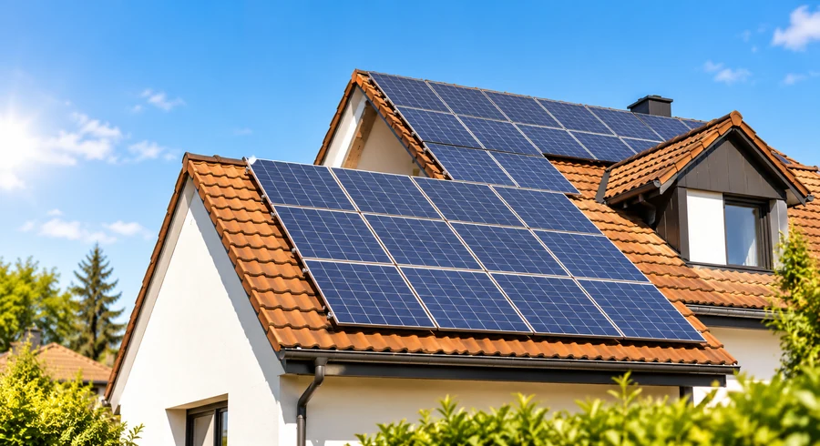 Panneaux solaires photovoltaïques installés sur la toiture inclinée d’une maison.