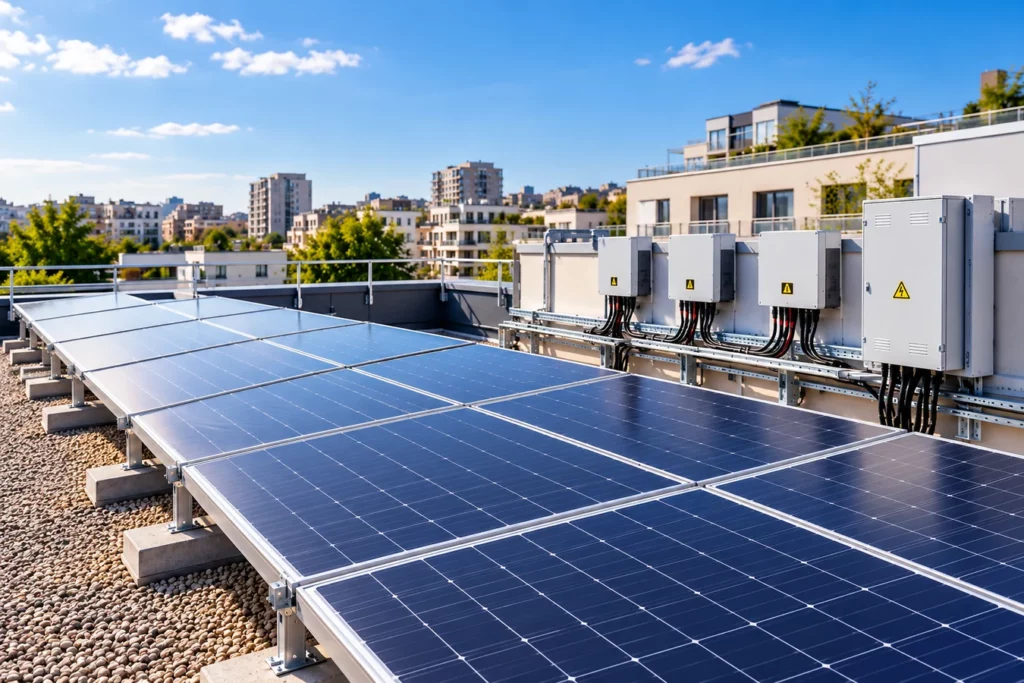 Installation de panneaux photovoltaïques sur la toiture d’un bâtiment collectif, avec onduleurs et équipements de production d’électricité.