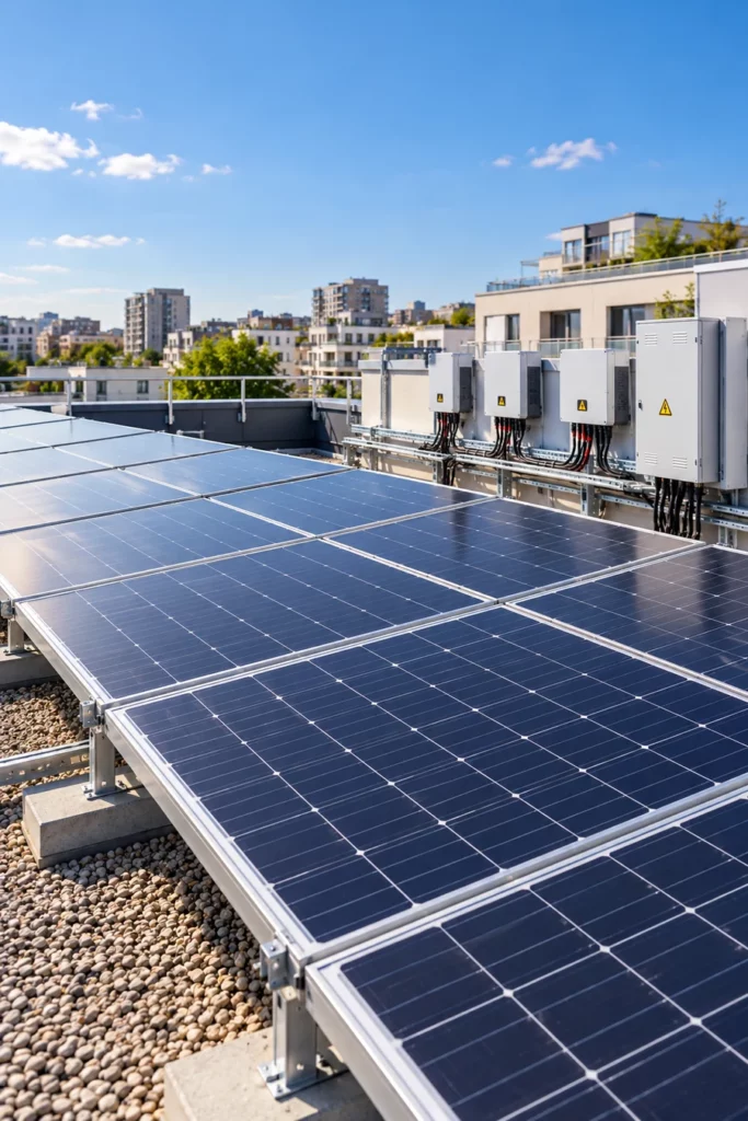 Installation de panneaux photovoltaïques sur la toiture d’un bâtiment collectif, avec onduleurs et équipements de production d’électricité.