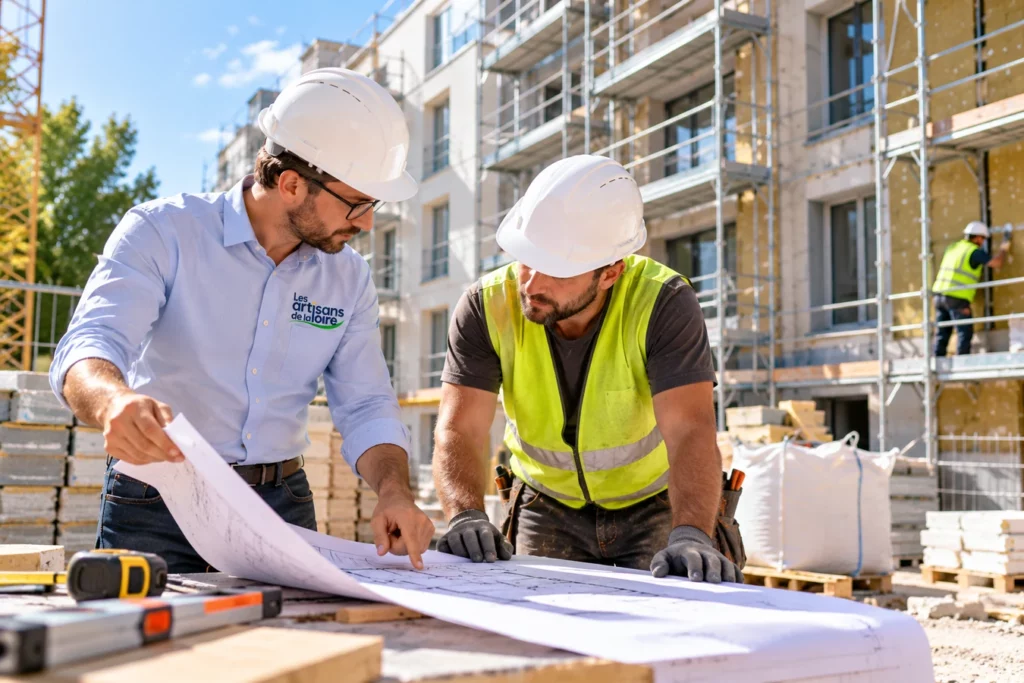 Ingénieur et artisan examinant les plans d’un bâtiment collectif sur un chantier de rénovation énergétique.