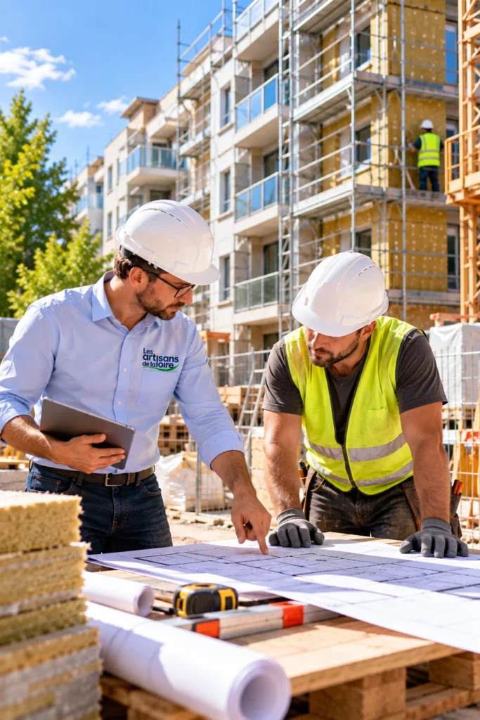 Ingénieur et artisan examinant les plans d’un bâtiment collectif sur un chantier de rénovation énergétique.
