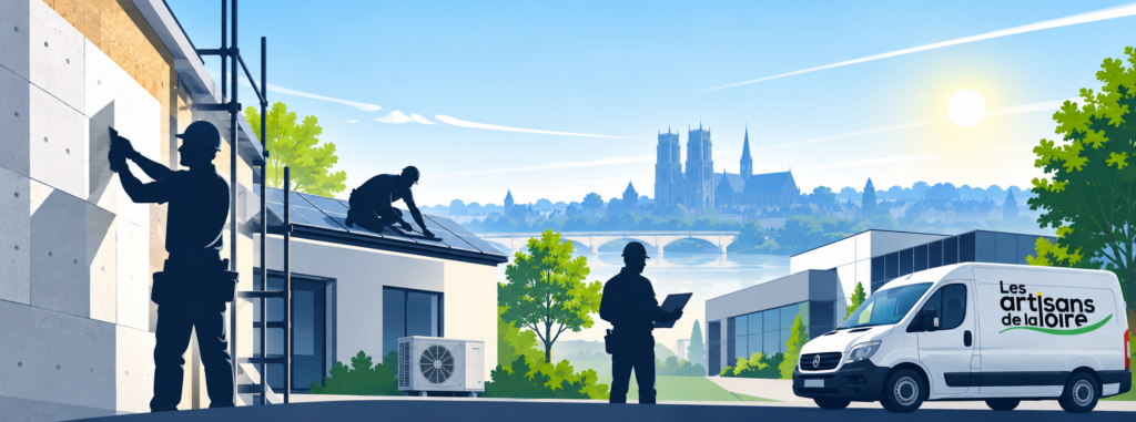 Illustration des travaux de rénovation énergétique à Orléans et dans le Loiret : artisans au travail, panneaux solaires, climatisation et véhicule des Artisans de la Loire.