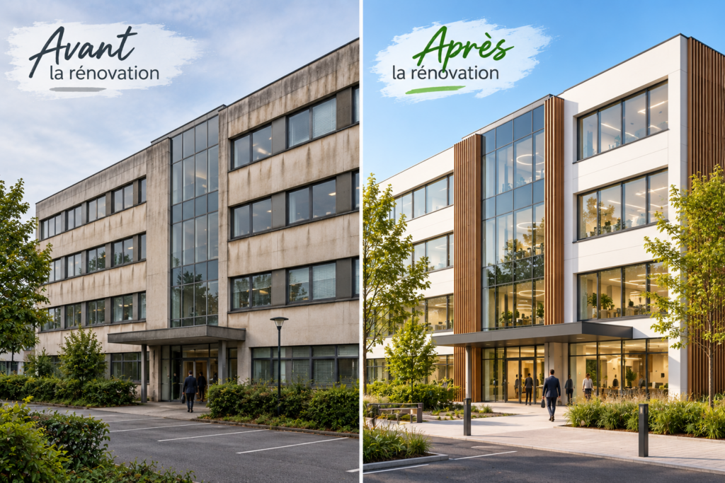 Bâtiment tertiaire avant et après une rénovation énergétique