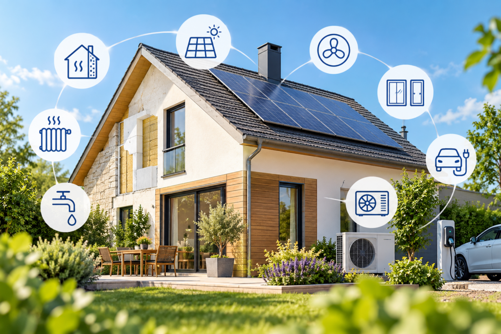 Maison rénovée avec isolation thermique, panneaux photovoltaïques, pompe à chaleur et borne de recharge, illustrant une rénovation énergétique globale dans le Loiret.