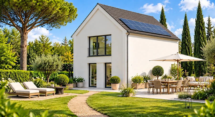 Maison individuelle moderne équipée de panneaux solaires sur une toiture inclinée.