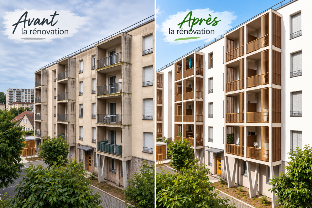 Comparaison avant et après la rénovation énergétique d’un immeuble collectif, avec transformation des façades et installation de balcons habillés de bois.