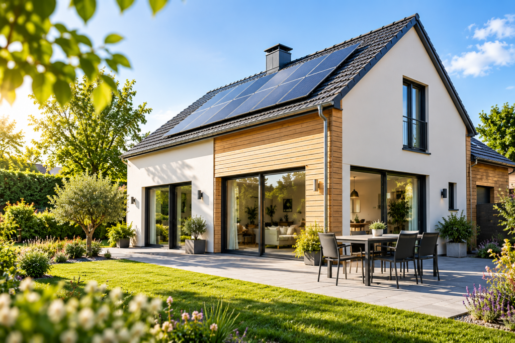 Maison individuelle rénovée avec panneaux photovoltaïques en toiture, grandes baies vitrées et bardage en bois.