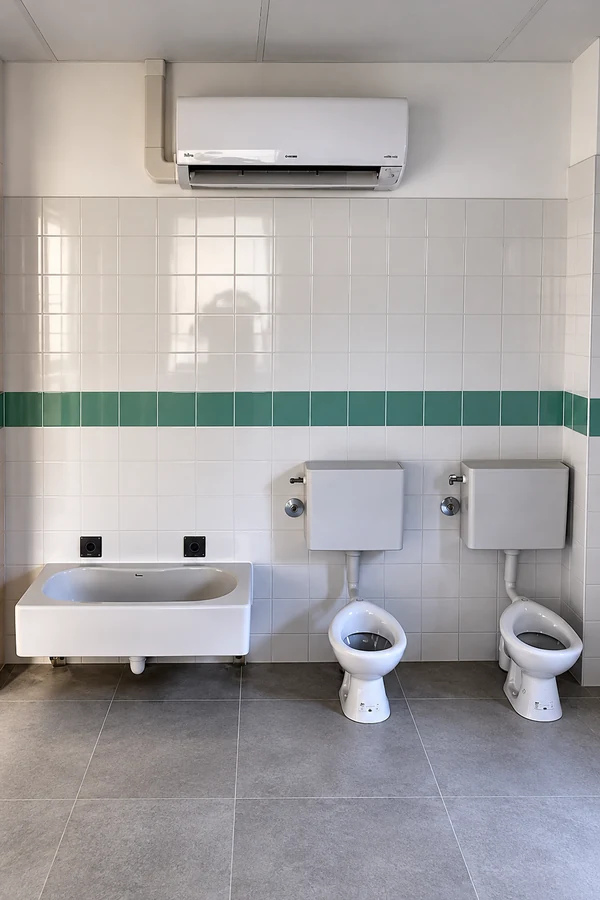 Lavabo, deux WC pour enfants et climatisation murale dans une école maternelle à Saint-Laurent-Nouan (41).