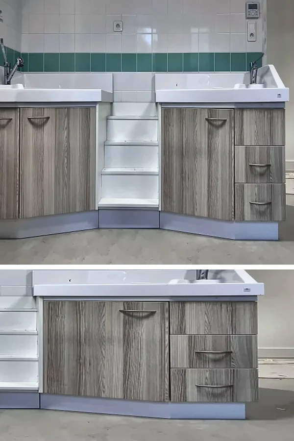 Installation de deux plans de change avec lavabos et escalier central dans une école maternelle à Saint-Laurent-Nouan (41).