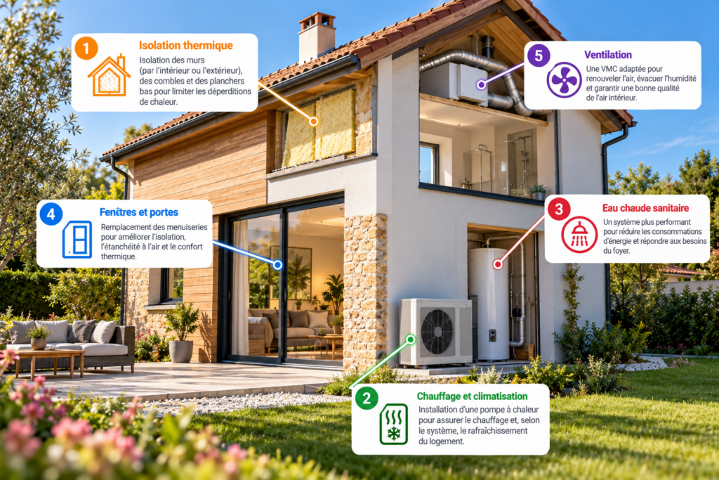 Illustration des principaux travaux de rénovation énergétique globale d’une maison : isolation thermique, chauffage, climatisation, eau chaude sanitaire, remplacement des menuiseries et ventilation.