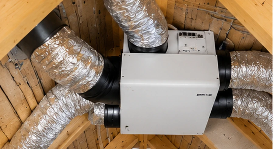 Système de ventilation mécanique contrôlée avec réseau de gaines installé dans des combles.
