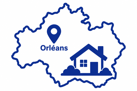 Carte du Loiret avec un repère sur Orléans et une maison illustrant la zone d’intervention des Artisans de la Loire.