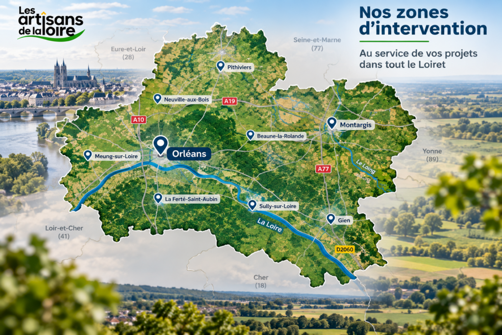 Carte des zones d’intervention des Artisans de la Loire dans le Loiret, avec Orléans, Pithiviers, Montargis, Gien et les principales communes du département.
