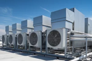 Équipements de climatisation installés sur la toiture d’un bâtiment tertiaire