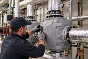 Professionnel installant l’isolation d’équipements thermiques dans un bâtiment tertiaire